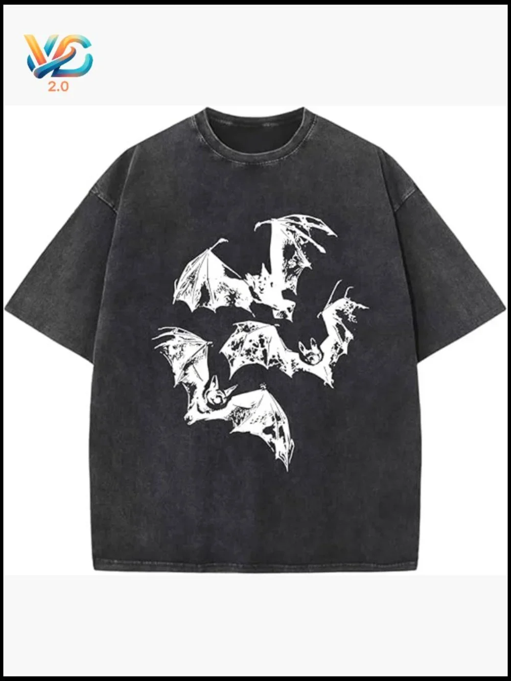 Oversized Bat Graphic Tee Vintage Acid Wash Cotton Y2K Streetwear T-Shirt - Picture 1 of 7